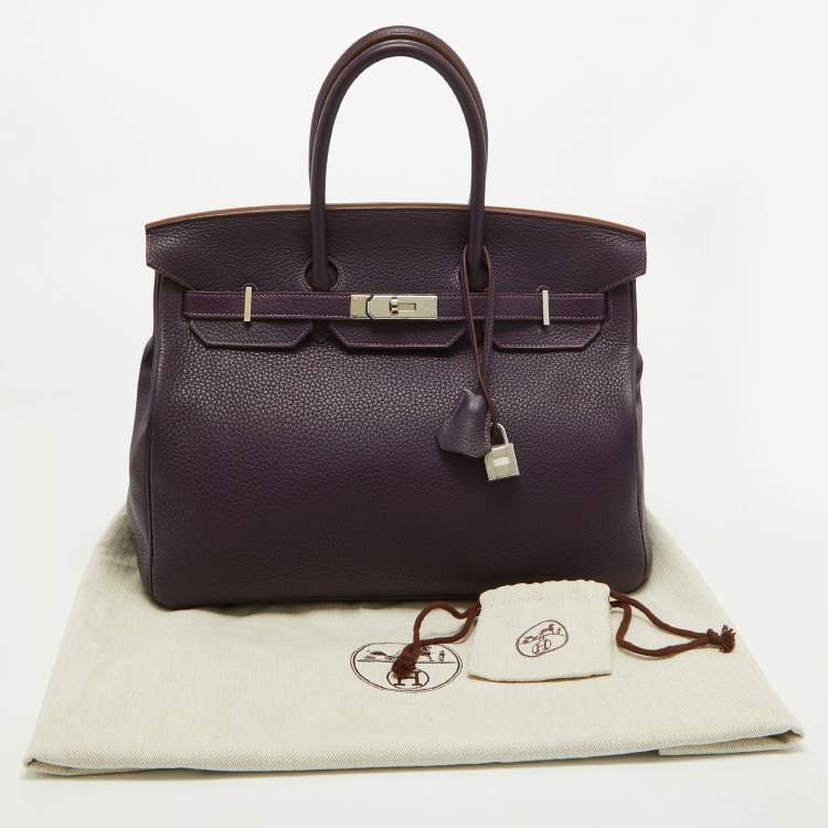 Pre Owned Hermes Raisin Taurillon Clemence Leather Palladium Finish Birkin 35 Bag