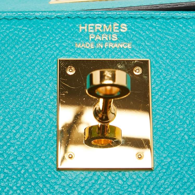 Pre Owned Hermes Bleu Paon Epsom Leather Gold Finish Kelly Sellier 32 Bag