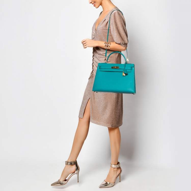 Pre Owned Hermes Bleu Paon Epsom Leather Gold Finish Kelly Sellier 32 Bag
