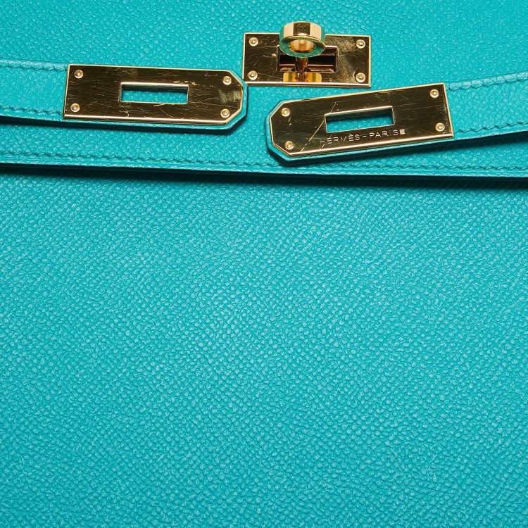 Pre Owned Hermes Bleu Paon Epsom Leather Gold Finish Kelly Sellier 32 Bag