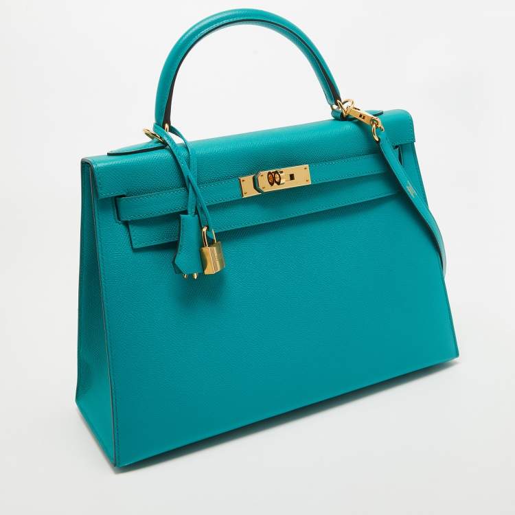 Pre Owned Hermes Bleu Paon Epsom Leather Gold Finish Kelly Sellier 32 Bag