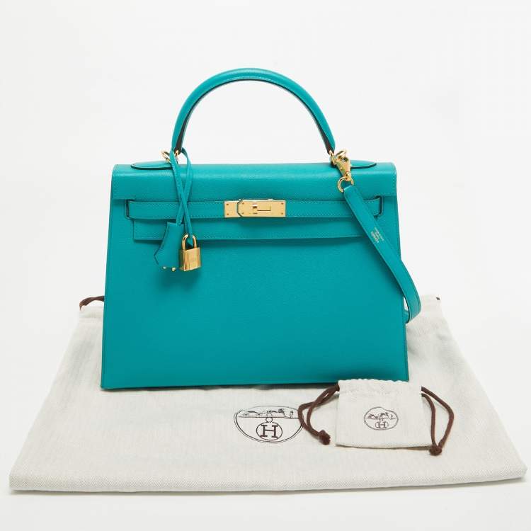 Pre Owned Hermes Bleu Paon Epsom Leather Gold Finish Kelly Sellier 32 Bag