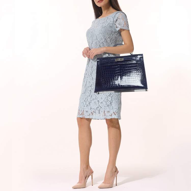 Pre Owned Hermes Bleu Roi Shine Crocodile Porosus Palladium Finish Kelly Sellier 40 Bag