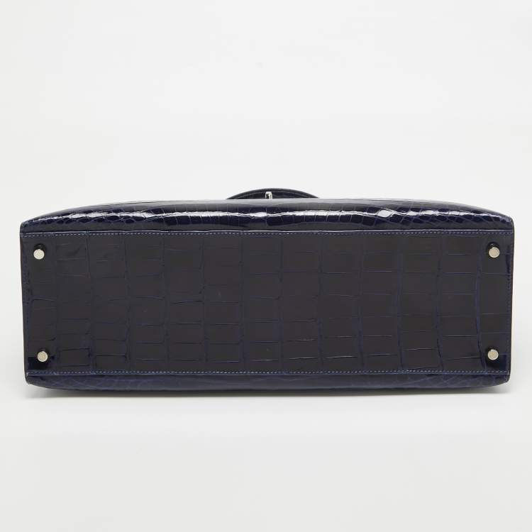 Pre Owned Hermes Bleu Roi Shine Crocodile Porosus Palladium Finish Kelly Sellier 40 Bag