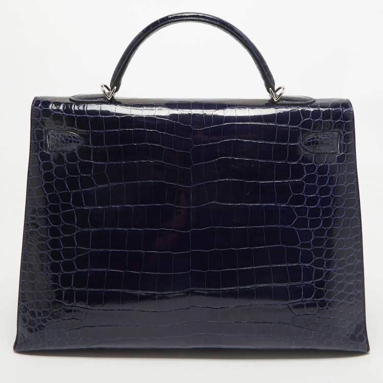 Pre Owned Hermes Bleu Roi Shine Crocodile Porosus Palladium Finish Kelly Sellier 40 Bag