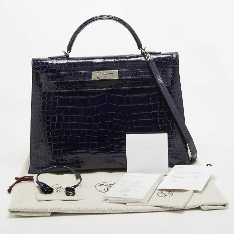 Pre Owned Hermes Bleu Roi Shine Crocodile Porosus Palladium Finish Kelly Sellier 40 Bag