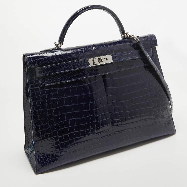 Pre Owned Hermes Bleu Roi Shine Crocodile Porosus Palladium Finish Kelly Sellier 40 Bag
