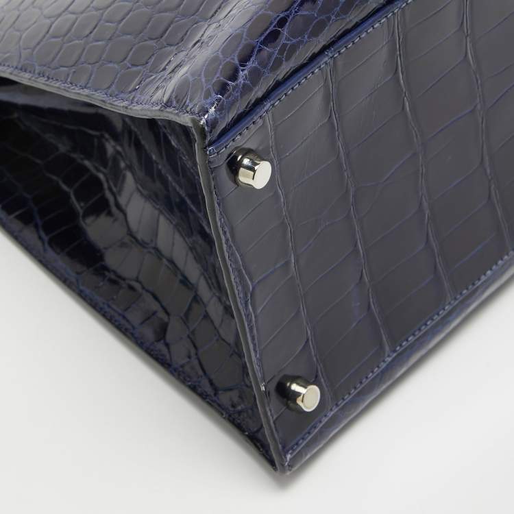 Pre Owned Hermes Bleu Roi Shine Crocodile Porosus Palladium Finish Kelly Sellier 40 Bag