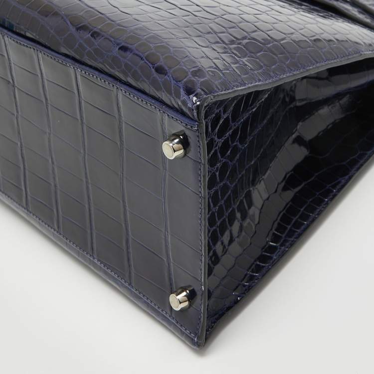 Pre Owned Hermes Bleu Roi Shine Crocodile Porosus Palladium Finish Kelly Sellier 40 Bag