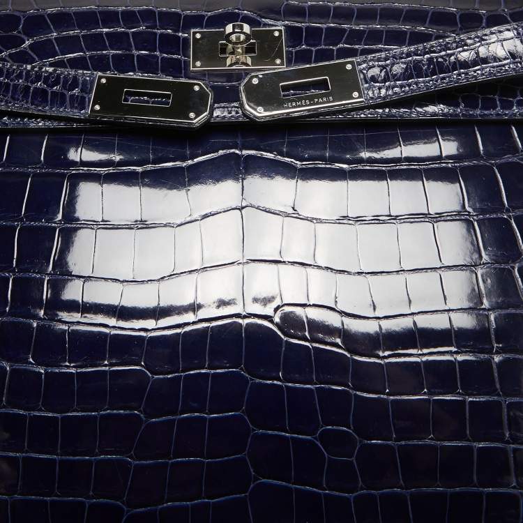 Pre Owned Hermes Bleu Roi Shine Crocodile Porosus Palladium Finish Kelly Sellier 40 Bag