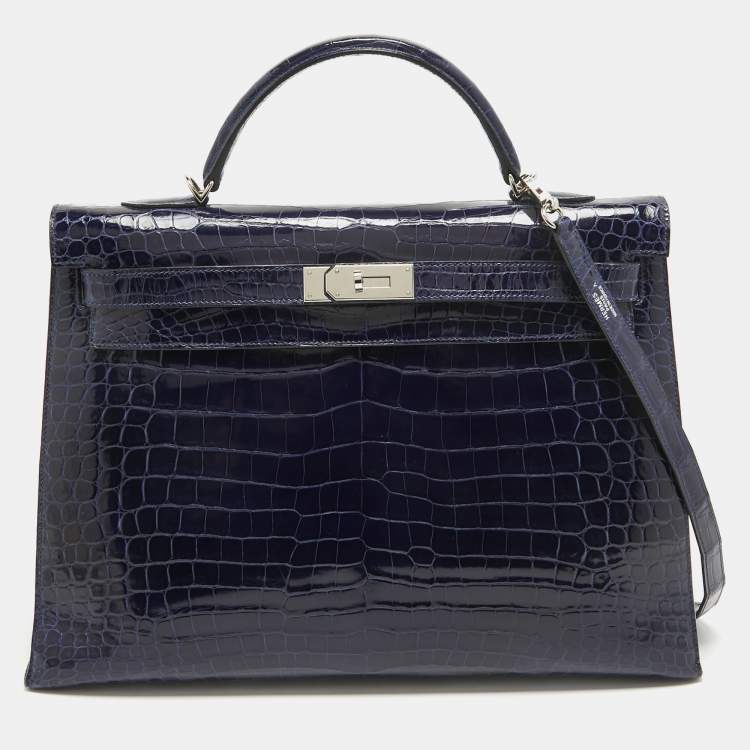 Pre Owned Hermes Bleu Roi Shine Crocodile Porosus Palladium Finish Kelly Sellier 40 Bag