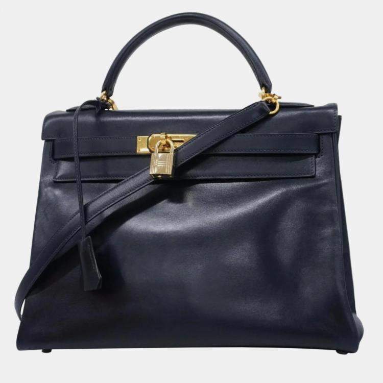 Hermes Handbag Kelly 32 Box Calf Navy Gold Hardware Women s Hermes