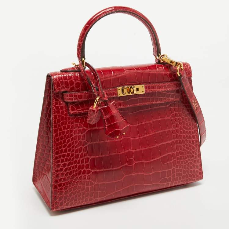 Pre Owned Hermes Rouge de Coeur Alligator Mississippiensis Gold Finish Kelly Sellier 25 Bag