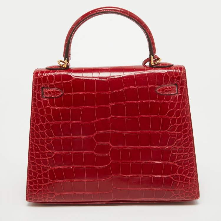 Pre Owned Hermes Rouge de Coeur Alligator Mississippiensis Gold Finish Kelly Sellier 25 Bag