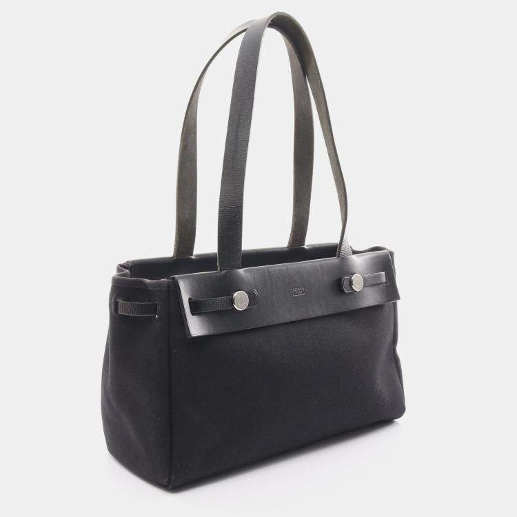 Pre Owned Hermes HerBag bag Kabas PM Shoulder bag Tote bag Canvas Leather Black Silver hardware G stamp