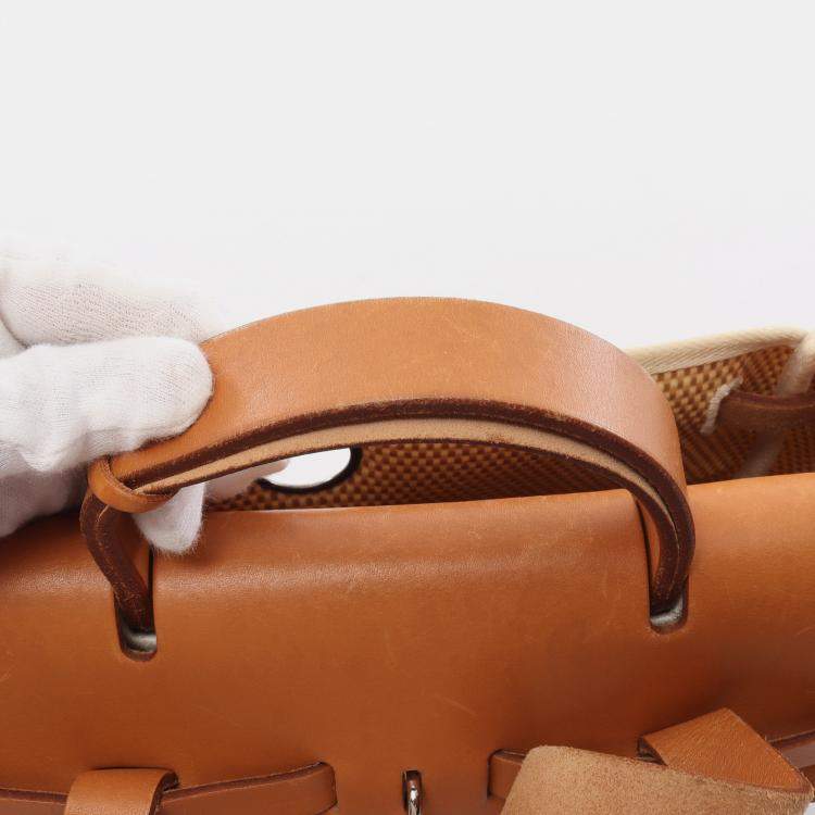 Pre Owned Hermes HerBag bag Ad PM Backpack Rucksack Toile ash Leather Ivory Light brown Silver hardware H stamp