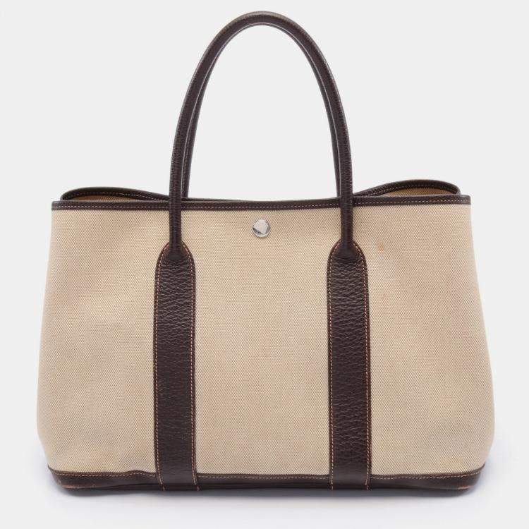 Pre Owned Hermes Garden party PM Handbag Tote bag Toile ash Leather Beige Dark brown Silver hardware J carved stamp