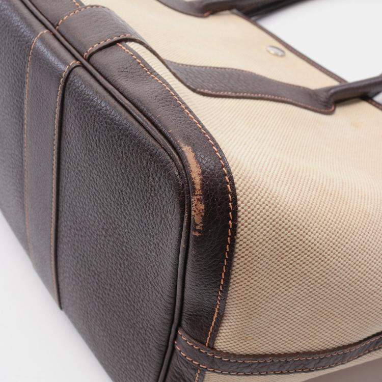 Pre Owned Hermes Garden party PM Handbag Tote bag Toile ash Leather Beige Dark brown Silver hardware J carved stamp