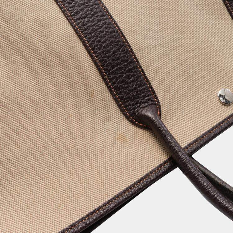Pre Owned Hermes Garden party PM Handbag Tote bag Toile ash Leather Beige Dark brown Silver hardware J carved stamp