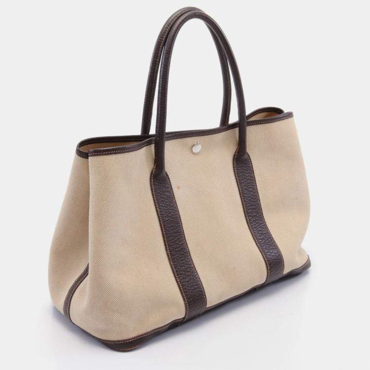 Pre Owned Hermes Garden party PM Handbag Tote bag Toile ash Leather Beige Dark brown Silver hardware J carved stamp