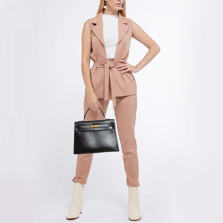 Pre Owned Hermes Noir Box Leather Gold Finish Kelly Sellier 32 Bag