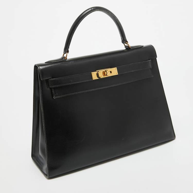 Pre Owned Hermes Noir Box Leather Gold Finish Kelly Sellier 32 Bag