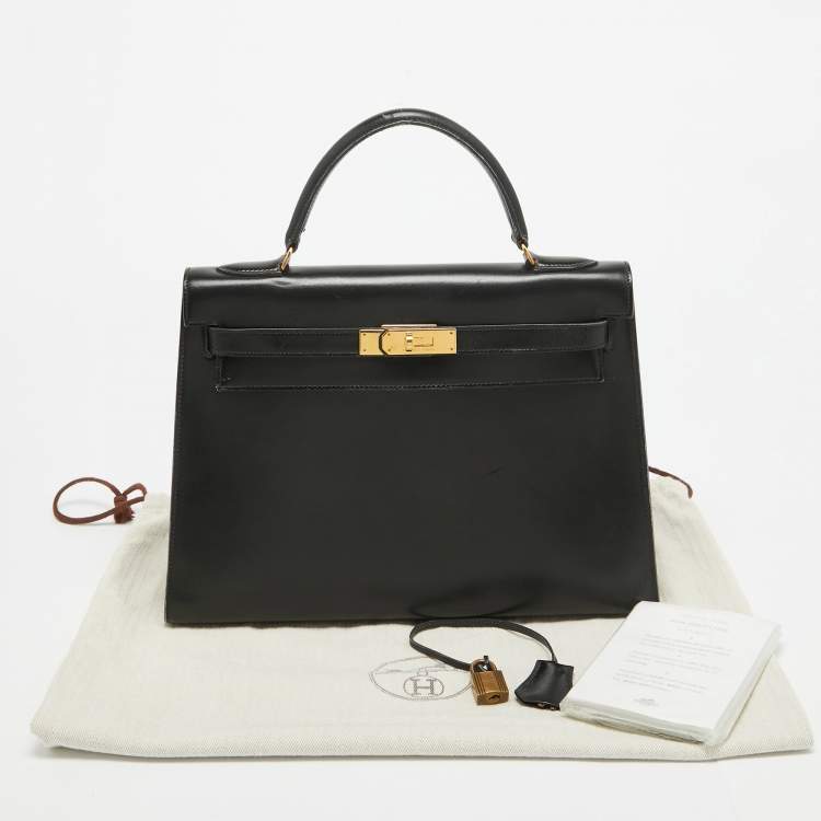 Pre Owned Hermes Noir Box Leather Gold Finish Kelly Sellier 32 Bag
