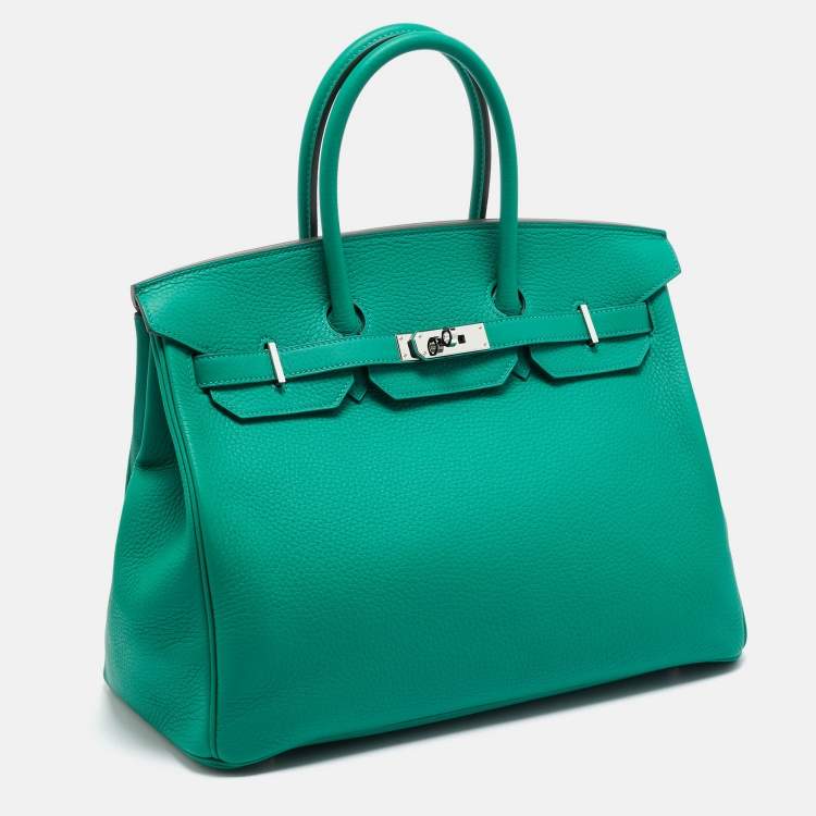 Pre Owned Hermes Vert Vertigo/Vert Fonce Taurillon Clemence Palladium Finish Birkin 35 Bag