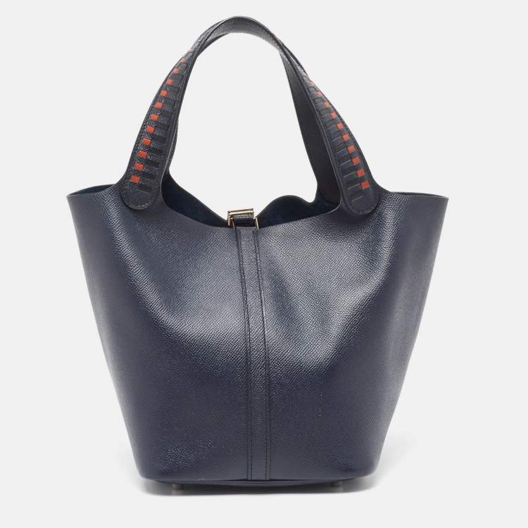 Pre Owned Hermes Bleu Indigo/Noir/Terre Battue Epsom Leather Picotin Lock Tressage 22 Bag