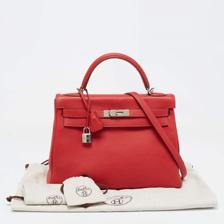 Pre Owned Hermès Rouge Casaque Togo Leather Palladium Finish Kelly Retourne 32 Bag
