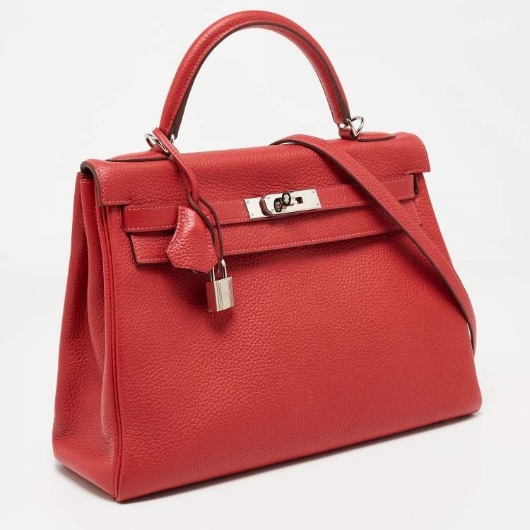 Pre Owned Hermès Rouge Casaque Togo Leather Palladium Finish Kelly Retourne 32 Bag