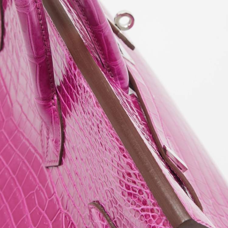 Pre Owned Hermès  Rose Sheherazade Shine Porosus Crocodile Palladium Finish Birkin 35
