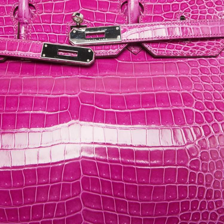 Pre Owned Hermès  Rose Sheherazade Shine Porosus Crocodile Palladium Finish Birkin 35