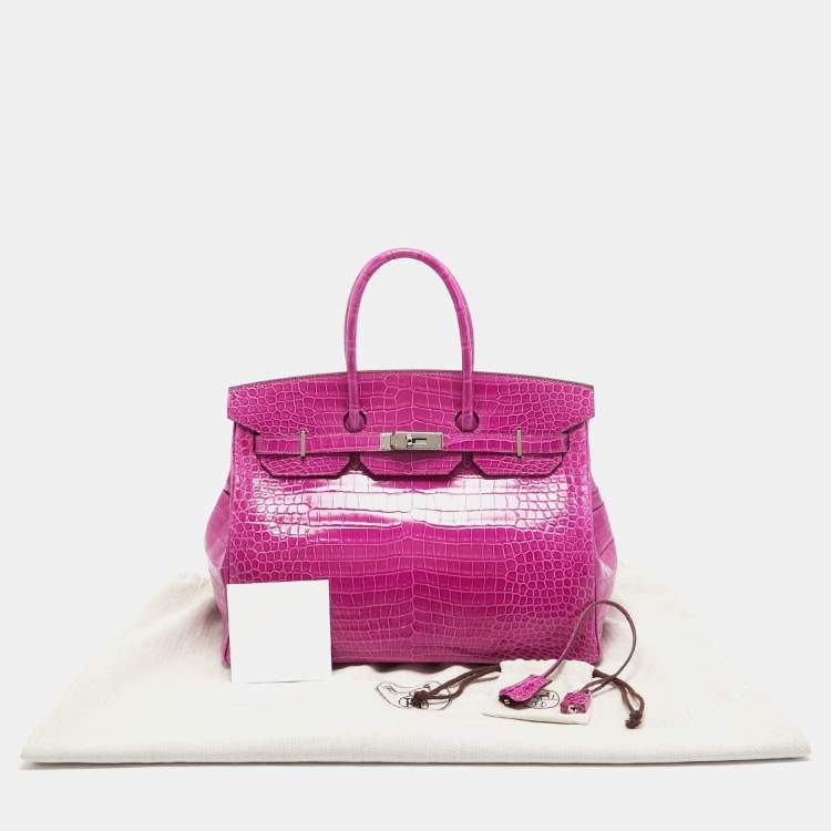 Pre Owned Hermès  Rose Sheherazade Shine Porosus Crocodile Palladium Finish Birkin 35