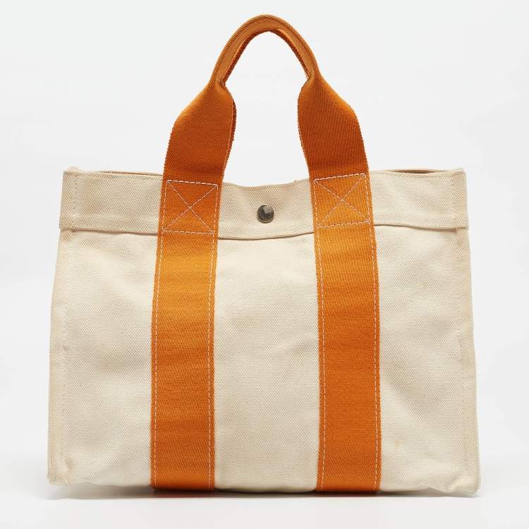 Pre Owned Hermes Cream/Orange Canvas Bora Bora PM Tote   