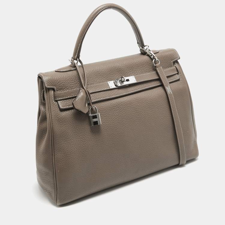 Pre Owned Hermes Etoupe Taurillon Clemence Leather Palladium Finish Kelly Retourne 35 Bag