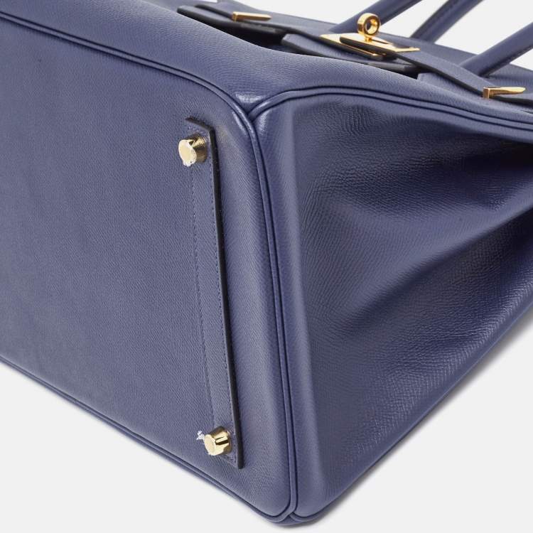 Pre Owned Hermes Blue Saphir Epsom Leather Gold Finish Birkin 35 Bag
