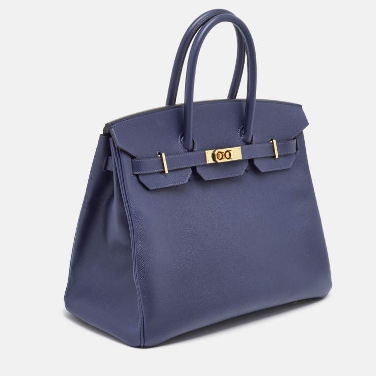 Pre Owned Hermes Blue Saphir Epsom Leather Gold Finish Birkin 35 Bag