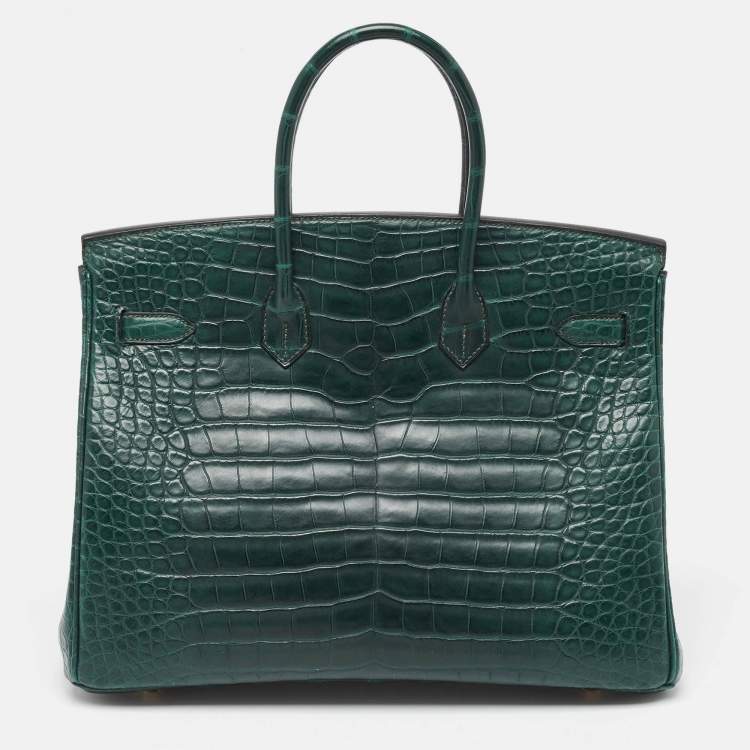 Pre Owned Hermes Vert Fonce Matte Alligator Gold Finish Birkin 35 Bag