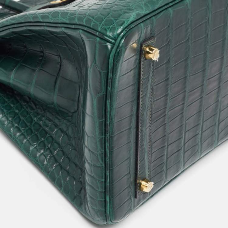 Pre Owned Hermes Vert Fonce Matte Alligator Gold Finish Birkin 35 Bag