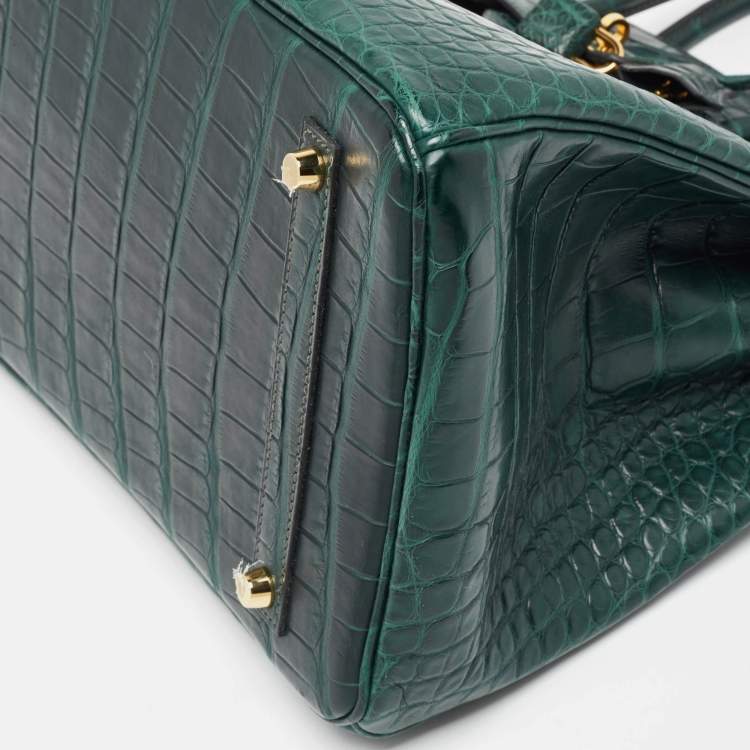 Pre Owned Hermes Vert Fonce Matte Alligator Gold Finish Birkin 35 Bag