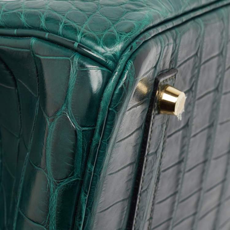 Pre Owned Hermes Vert Fonce Matte Alligator Gold Finish Birkin 35 Bag