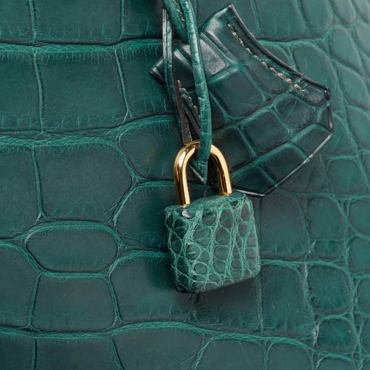 Pre Owned Hermes Vert Fonce Matte Alligator Gold Finish Birkin 35 Bag