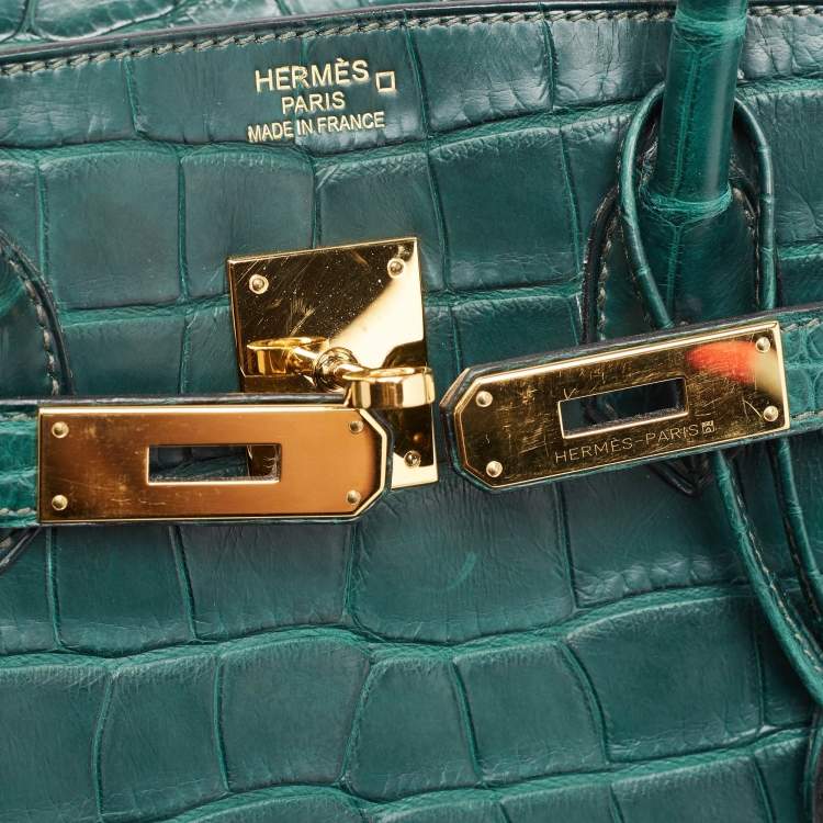 Pre Owned Hermes Vert Fonce Matte Alligator Gold Finish Birkin 35 Bag