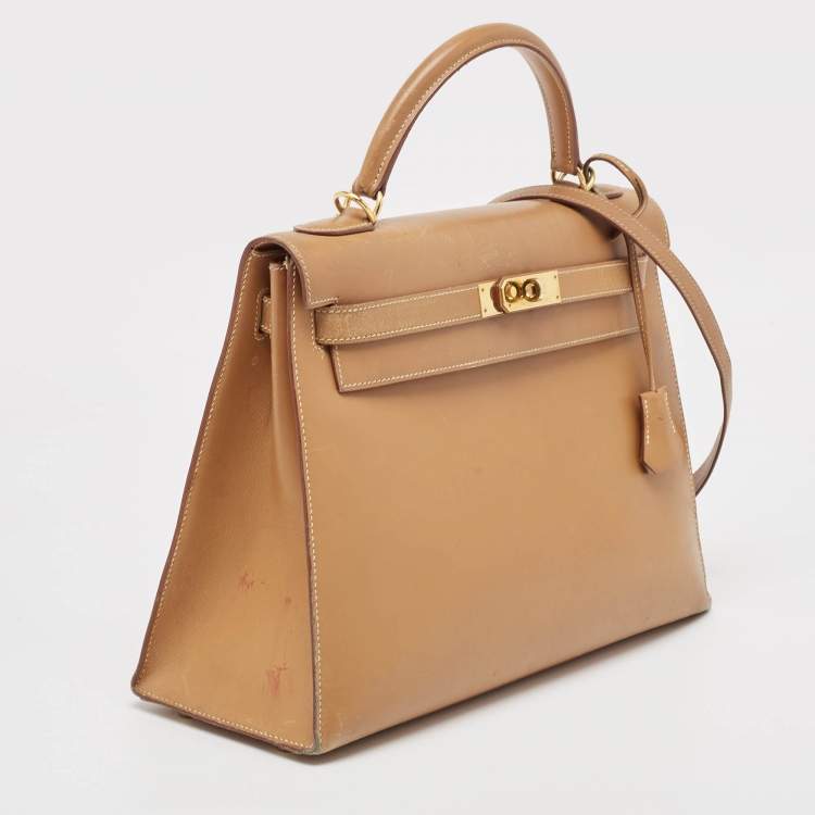 Pre Owned Hermes Natural Vache Leather Gold Finish Kelly Sellier 32 Bag