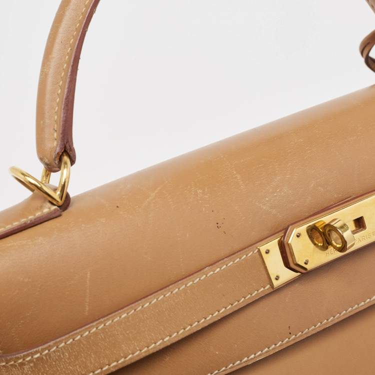 Pre Owned Hermes Natural Vache Leather Gold Finish Kelly Sellier 32 Bag