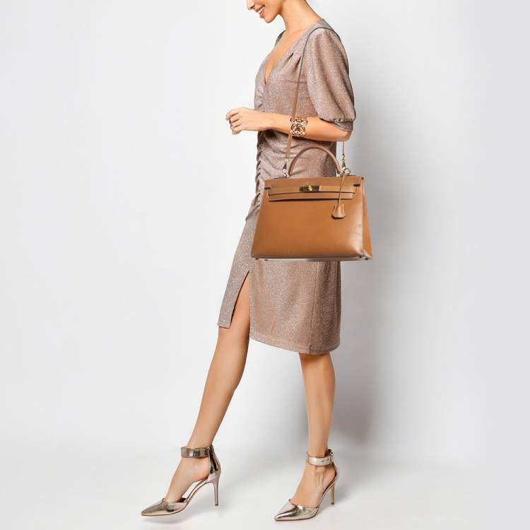 Pre Owned Hermes Natural Vache Leather Gold Finish Kelly Sellier 32 Bag