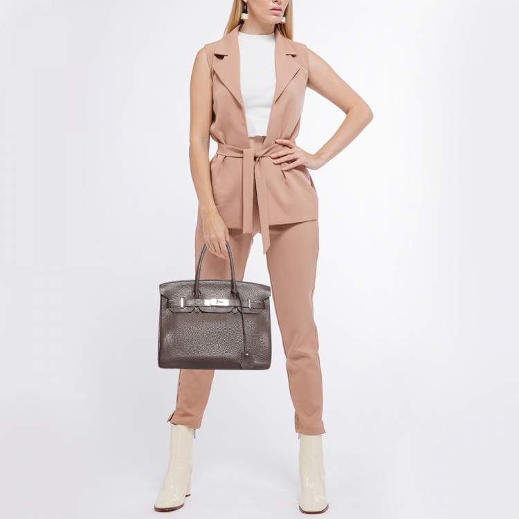 Pre Owned Hermes Chocolat Taurillon Clemence Leather Palladium Finish Birkin 30 Bag