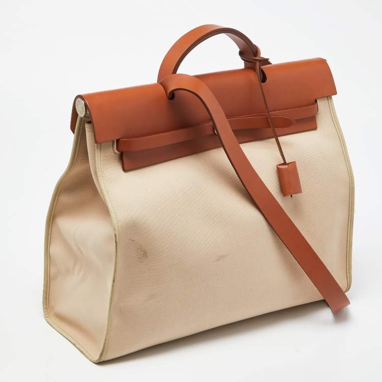 Pre Owned Hermès Beige/Fauve Toile Canvas and Vache Hunter Leather Herbag Zip 39 Bag