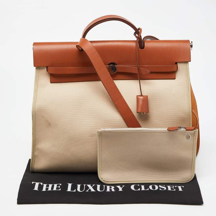 Pre Owned Hermès Beige/Fauve Toile Canvas and Vache Hunter Leather Herbag Zip 39 Bag